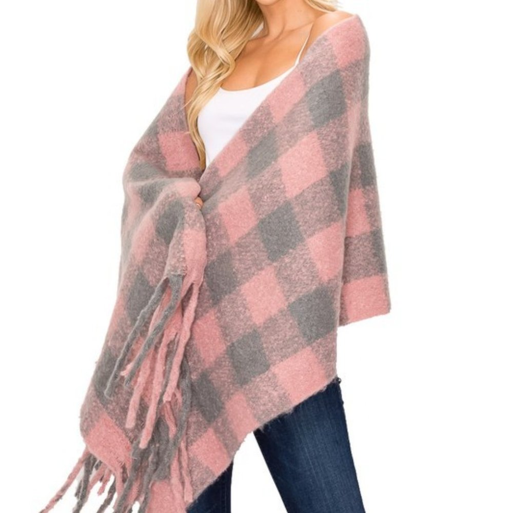 Pink & Gray Buffalo Plaid Winter Fringe Scarf